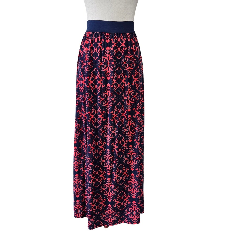 Small Maxi Skirt Coral Navy Blue Pattern Bohemian Comfortable Stretch Waist‎